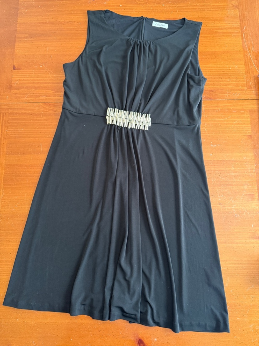 Calvin Klein Black Sleeveless Midi Dress with Gold-Tone Waist Detail